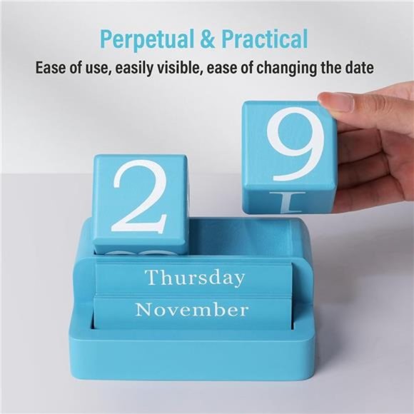 Blue Wooden Desk Calendar, Modern Aesthetic Accessories for Home Office Decor, - Picture 6 of 7